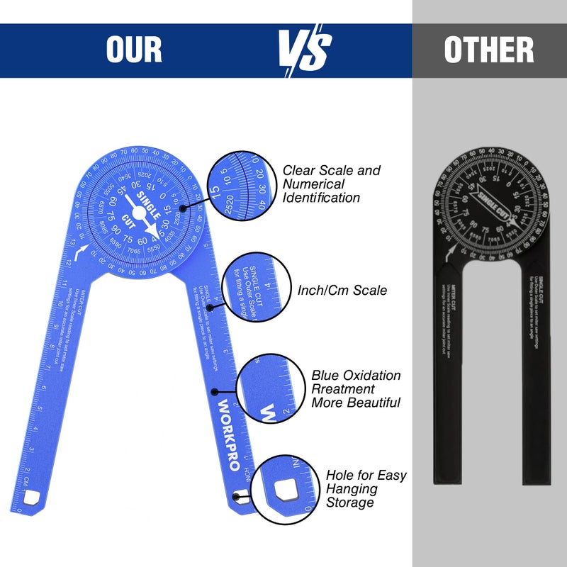 WORKPRO Aluminum Miter Saw Protractor, 7.3 Inch Angle Finder Featuring Precision Laser Engraved Scales for Inside and Outside Corner, Carpenters, Plumbers and All Building Trades, 360 Rotation, Blue - Image 3